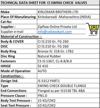 Load image into Gallery viewer, Kirloskar Make CI Swing Check(Reflux) Valve PN1.0 ,Cat No: NRV PN1.0 RUB-BR (IS 1538 4 &amp; 6), Flg FF IS 1538 Tbl 4&amp;6 , Cast Iron BODY ,Cast Iron Disc ,Hing Pin :-SS410 ,Seat :Gunmetal,Disc Ring :Nat Rubber