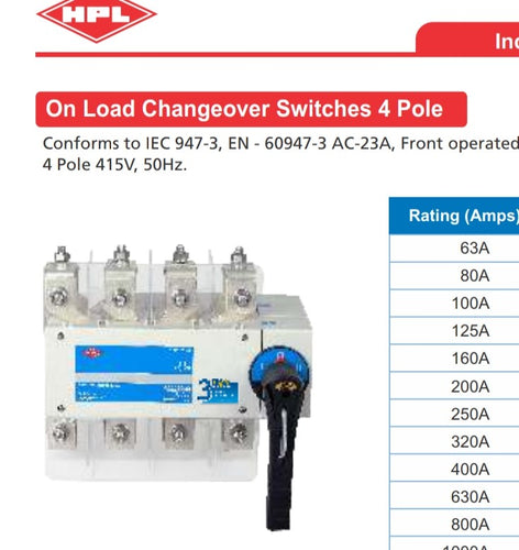 HPL 250 amp 4Pole Front Operated On Load Changeover Switch, 415V , Without or With Sheet Enclosure
